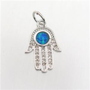 copper hamsahand pendant paved zircon with fire opal, platinum plated, approx 11-14mm