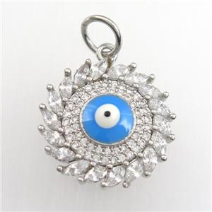 copper sun pendant paved zircon with evil eye, platinum plated, approx 20mm dia