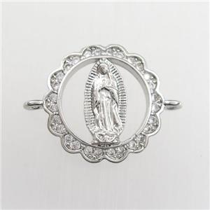 copper circle connector paved zircon with Jesus, platinum plated, approx 15mm dia