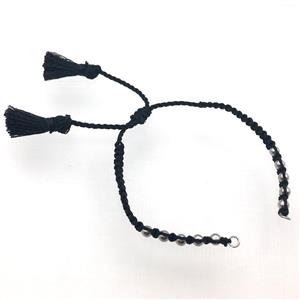 black nylon wire bracelet chain with tassel, platinum plated beads, approx 5mm, 15cm length