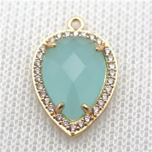 copper teardrop pendant pave zircon with green crystal glass, gold plated, approx 13-18mm