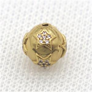 round copper beads paved zircon, gold plated, approx 10mm dia