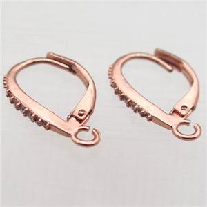 copper leaveback earring paved zircon, rose gold, approx 12-14mm