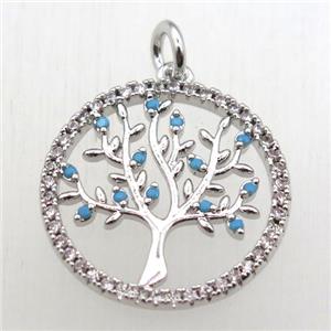 copper pendant pave zircon, tree of life, platinum plated, approx 20mm dia