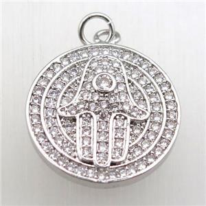 copper hamsahand pendant pave zircon, platinum plated, approx 20mm dia