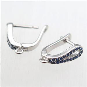 copper Latchback Earrings hook paved zircon with loop, platinum plated, approx 12-18mm