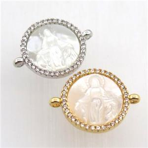 copper circle connector pave zircon with shell Jesu, mix color, approx 15mm dia