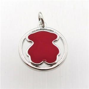 copper circle pendant red blue enameling bear, platinum plated, approx 15mm dia