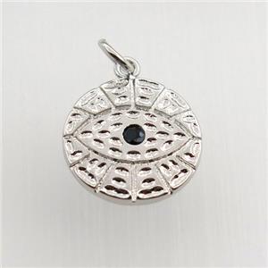 copper circle pendant paved zircon, eye, platinum plated, approx 15mm dia