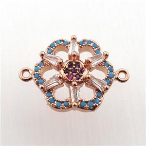 copper connector paved zircon, flower, rose gold, approx 14mm dia