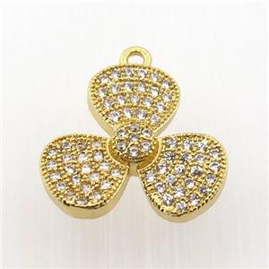 copper clover pendant paved zircon, gold plated, approx 16mm