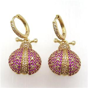 copper hoop earrings paved zircon with Beetle, gold plated, approx 20-23mm, 14mm dia