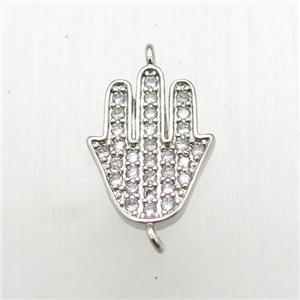 copper hamsahand connector paved zircon, platinum plated, approx 11-14mm