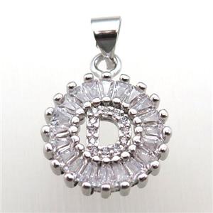 copper letter-D pendant paved zircon, platinum plated, approx 15mm dia