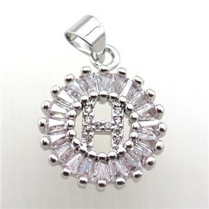 copper letter-H pendant paved zircon, platinum plated, approx 15mm dia