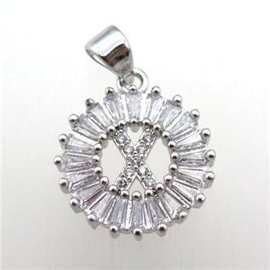 copper letter-X pendant paved zircon, platinum plated, approx 15mm dia