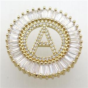 copper letter-A pendant paved zircon, gold plated, approx 28mm dia