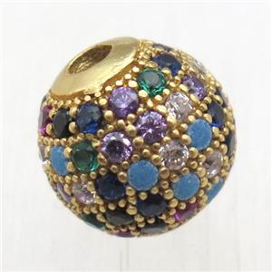 round copper beads pave zircon, multi color, gold plated, approx 8mm dia