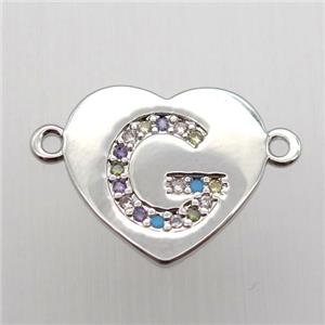 copper letter connector, heart, platinum plated, approx 15-16mm