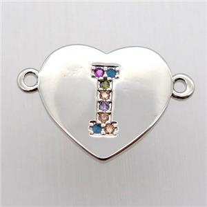copper letter connector, heart, platinum plated, approx 15-16mm