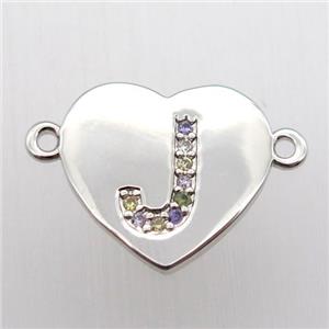 copper letter connector, heart, platinum plated, approx 15-16mm