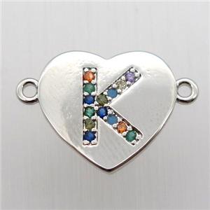 copper letter connector, heart, platinum plated, approx 15-16mm