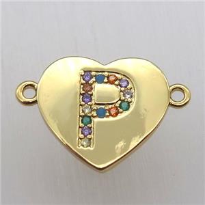 copper letter connector, heart, gold plated, approx 15-16mm