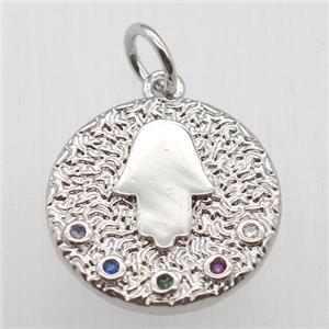 copper circle pendant pave zircon, hamsahand, platinum plated, approx 14mm dia