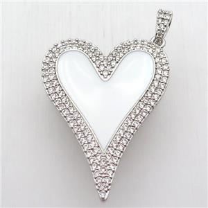 copper heart pendant paved zircon, white enameling, platinum plated, approx 30-40mm