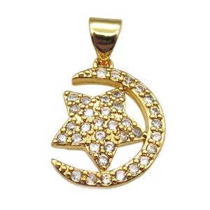 copper moon star pendant paved zircon, gold plated, approx 12-16mm
