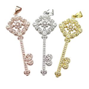 copper Key charm pendant pave zircon, mixed color, approx 15-40mm