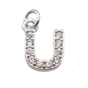 copper letter-U pendant paved zircon, platinum plated, approx 10mm