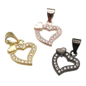 copper heart pendant paved zircon, mixed color, approx 12mm