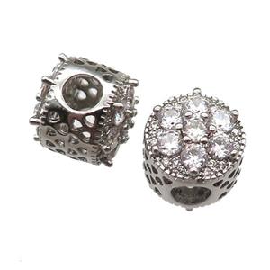 European Style copper beads paved zircon, platinum plated, approx 10-12mm, 5mm hole