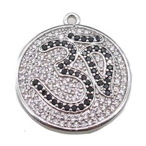 copper circle pendant paved zircon, platinum plated, approx 22mm dia
