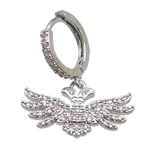 copper hoop Earring paved zircon with angel wing, platinum plated, approx 12-22mm, 14mm dia