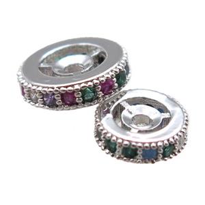 copper spacer beads paved zircon, heishi, platinum plated, approx 10mm dia