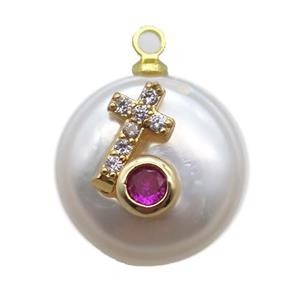 natural pearl pendant paved zircon, approx 14mm dia