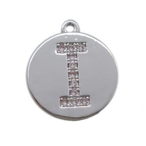 copper letter-I pendant paved zircon, platinum plated, approx 14mm dia