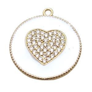 copper heart pendant pave zircon with white enameling, gold plated, approx 25mm dia