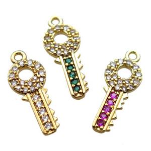 copper key pendant paved zircon, mix, gold plated, approx 7-17mm