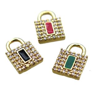 copper lock pendant paved zircon, mix, gold plated, approx 8-12mm