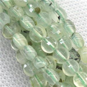 green Prehnite beads, faceted coin, approx 10mm dia