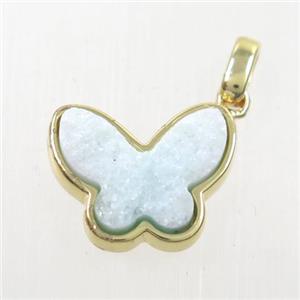 aqua druzy quartz pendant, butterfly, gold plated, approx 13-16mm