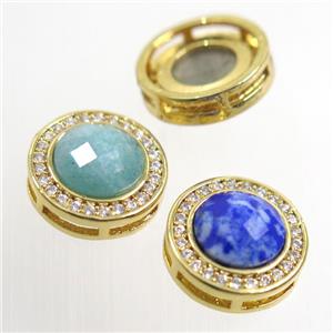 mix gemstone beads pave zircon, flat-round, gold plated, approx 8mm, 13mm dia