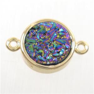 rainbow Druzy quartz circle connector, gold plated, approx 12mm dia