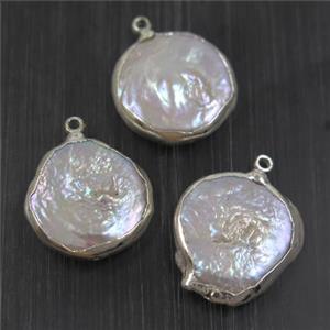white freshwater Pearl pendants, coin, platinum plated, approx 17mm