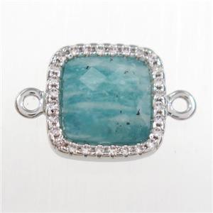 green Amazonite square connector pave zircon, platinum plated, approx 12x12mm