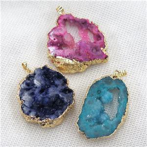 Quartz Druzy slice pendant, freeform, gold plated, mixed color, approx 25-50mm