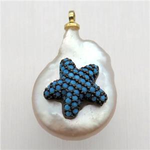 Natural pearl pendant with zircon, starfish, approx 10-16mm